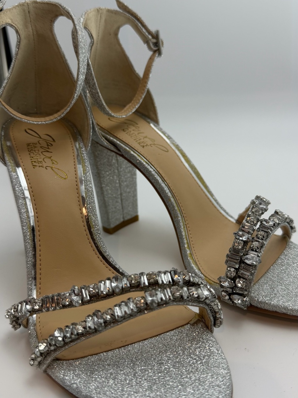 Badgley Mischka Silver Glitter Crystal-Strap Block Heels